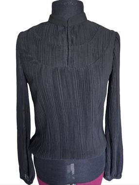 WHBM  Black Pleated Mock-Neck Chiffon Blouse Size XXS Sheer Sleeves